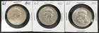 Ben Franklin Half Dollar 90% SILVER-- AU - - Lot of 3-- 1961-D, 1962, 1963-D