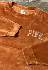 Victoria s Secret PINK Velour Varsity Crew Pullover Size Medium Cinnamon Spice