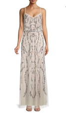 ADRIANNA PAPELL Ivory Pink Silver Embellished Beaded Floral Mesh Blouson Gown 6