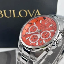 Classic Bulova Marine Star 96B395 Orange Dial Men's Chronograph Quartz Watch43mm