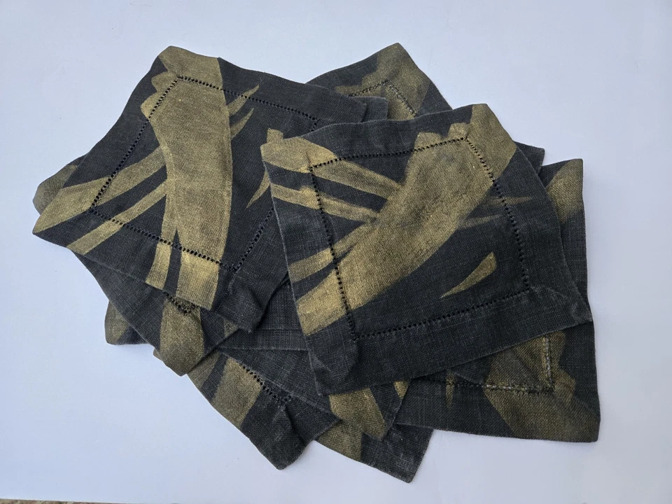 Set of 11 Black & Gold Abstract Square Linen Blend Cocktail Napkins 6" - Image 3 of 4