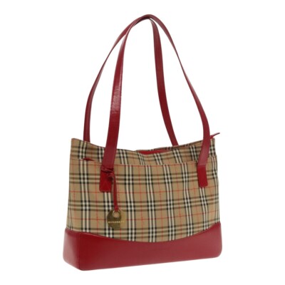 BURBERRY Nova Check Tote Bag Canvas Red Beige Auth mr598 | eBay