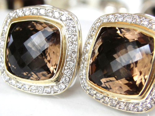 $2650 DAVID YURMAN 18K GOLD , SS ALBION SMOKY QUARTZ DIAMOND EARRINGS