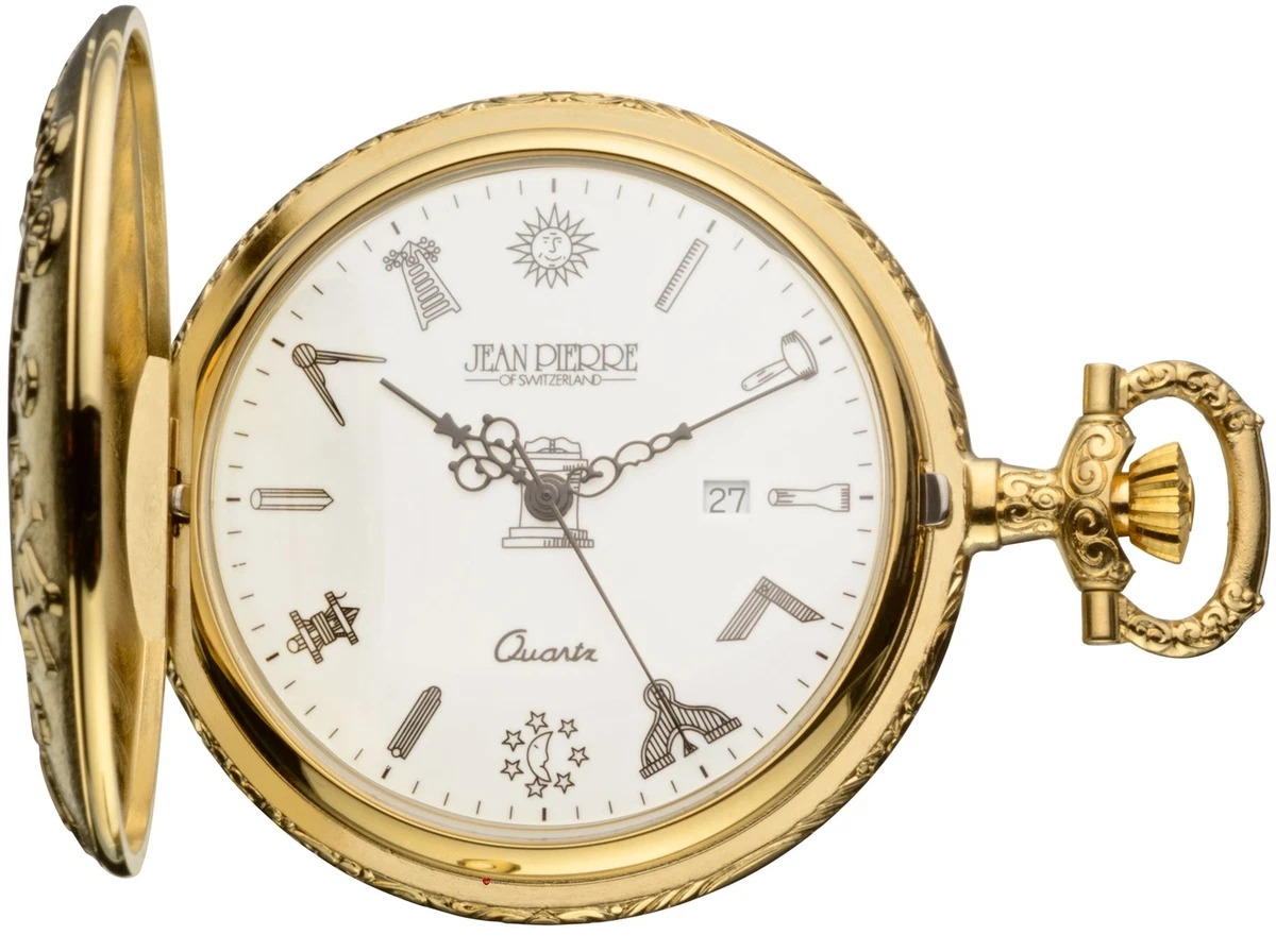Masonic Pocket Watch Gold Plated Half Hunter with Masonic Symbols Quartz