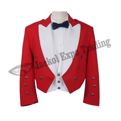 Scottish Men's Hand Made Red & White Wool Prince Charlie Kilt Jacket + Waistcoat