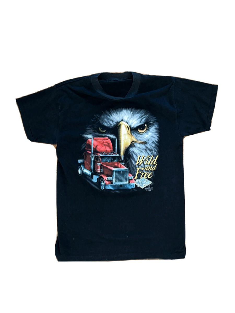 VINTAGE 3D Emblem Truckers Only 1989 WILD AND FREE T Shirt VINTAGE 3D Emblem Truckers Only 1989 WILD AND FREE T Shirt