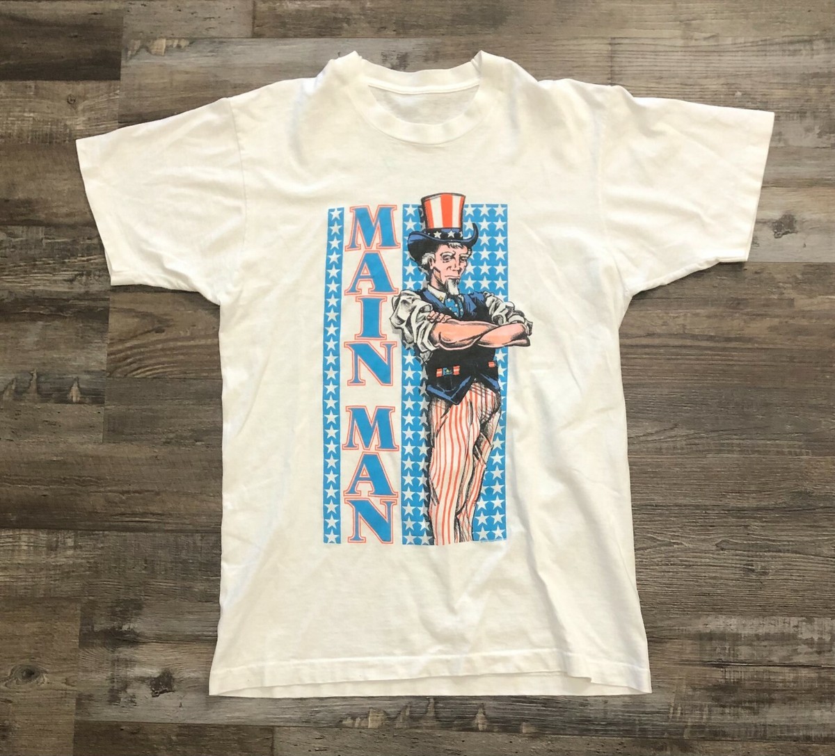 Vintage Uncle Sam Main Man Adult Size Large White Single Stitch T 