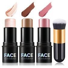 3PCS Cream Contour Stick Kit,Matte Waterproof Blush Highlighter Bronzer Brush