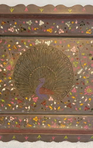 VINTAGE BRASS 3 PEACOCK FLORAL RECTANGLE ETCHED TRAY INDIA ENAMEL? NICE 29" X 8" - Picture 5 of 10
