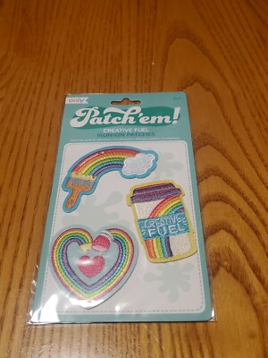 Ooly Embroidered Iron On Patches Creative Fuel Rainbow Heart cup paint Set of 3