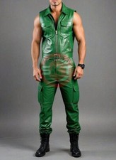 MEN'S REAL SOFT LEATHER GREEN CARGO JUMPSUIT CATSUIT OVERALL BODYSUIT SLEEVELESS