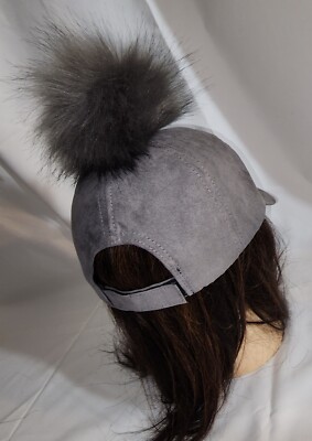 Womens Gray Suede Baseball Cap Hat Faux Fur Pom Pom 