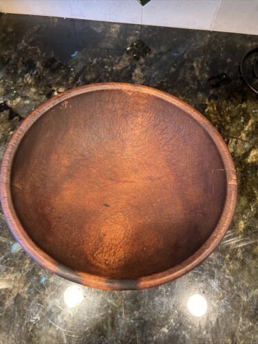 Antique Wooden Dough Bowl Out Of Round 12.75”x12”x3” Old Rimmed Primitive - Afbeelding 1 van 2
