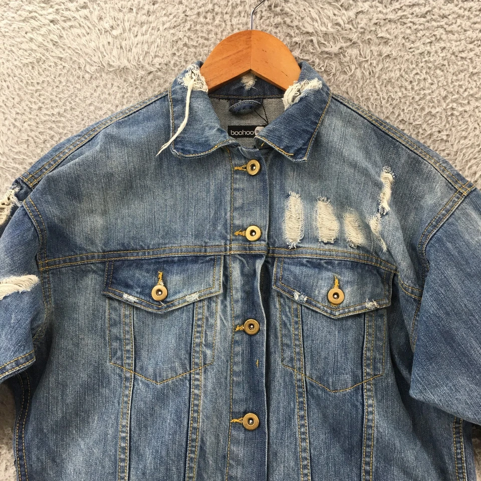 Boohoo Distressed Denim Jacket Womens 4 Blue Button Up Front Pockets Long Sleeve - Image 2 of 4