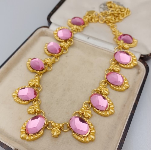 Vintage Rose Pink Glass Cabochons Brushed Gold Collar Necklace - Picture 2 of 4