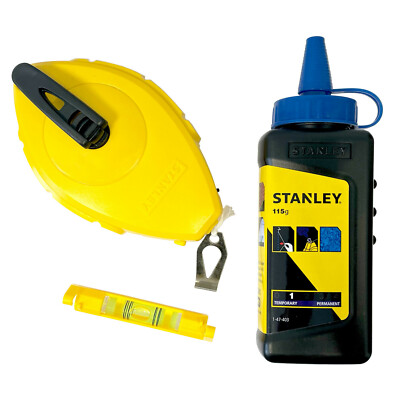 STANLEY Set Kreide Blau Schlagschnurkreide  +  Maurerschnur 30M + Wasserwaage