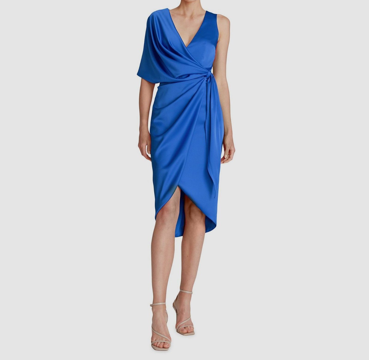 asymmetrical faux wrap dress $546 Theia Women Blue Satin Draped Sheath Size 4 90s vintage 2-Piece Mesh Badger & Fox Singapore Models are wearing the Color:pink/white