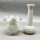 Milk Glass Hobnail 2 Piece Set White Ruffled Crimped Bud Vase Vintage
