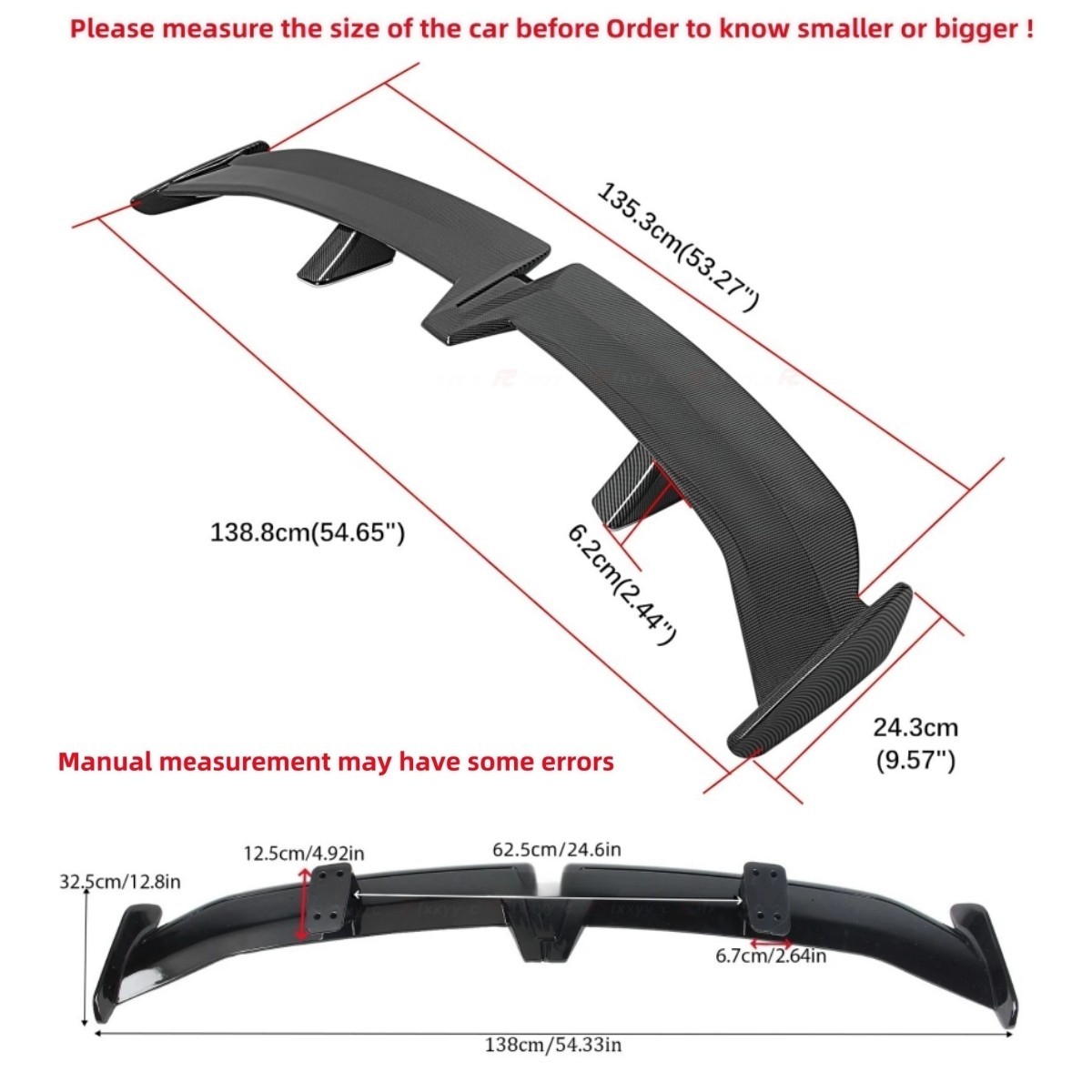 55" GT Spoiler Universal Carbon Fiber Style For INFINITI Volvo Lexus Mitsubishi