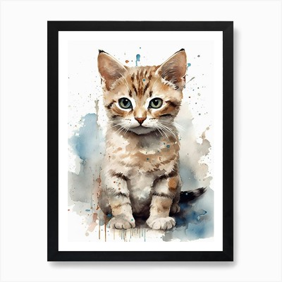 Gerahmtes Wandbild Poster Leinwanddruck Bild Baby Katze Kätzchen Aquarell Kinderzimmer