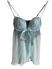 Victoria's Secret 34C Light Blue Lace Trim BabyDoll Satin Bow Sheer Nightie Ling