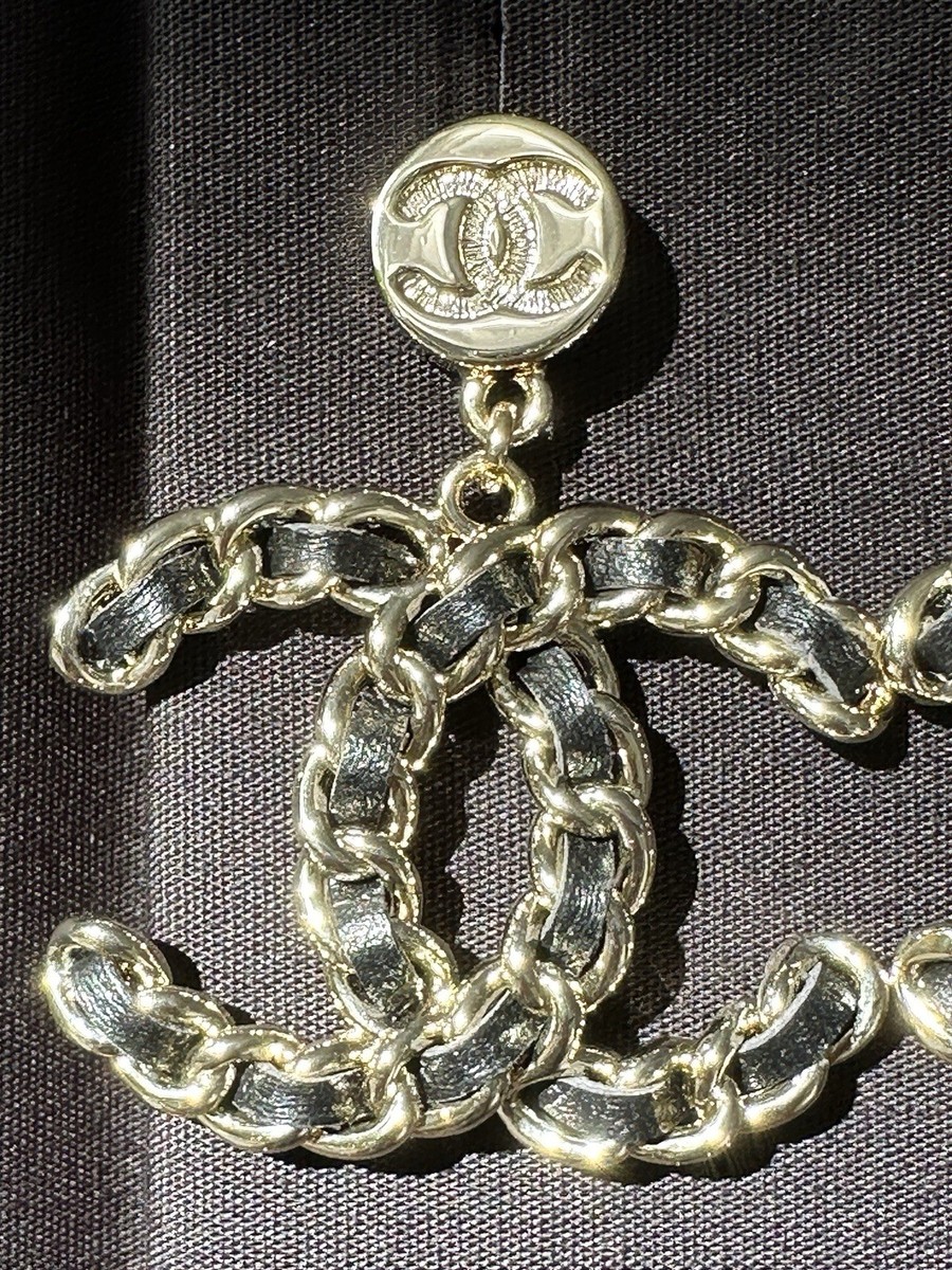 2025C CHANEL BIG GOLD CC LOGO BLACK LEATHER INTERWOVEN STUD DANGLE