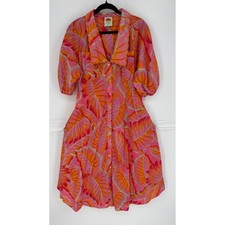 FARM RIO BRIGHT FOREST MIDI SHIRTDRESS PINK ORANGE TROPICAL SCALLOP COLLAR SMALL