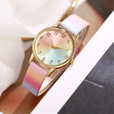 Women's Gold Gradient Rainbow Quartz Watch with Leather Strap