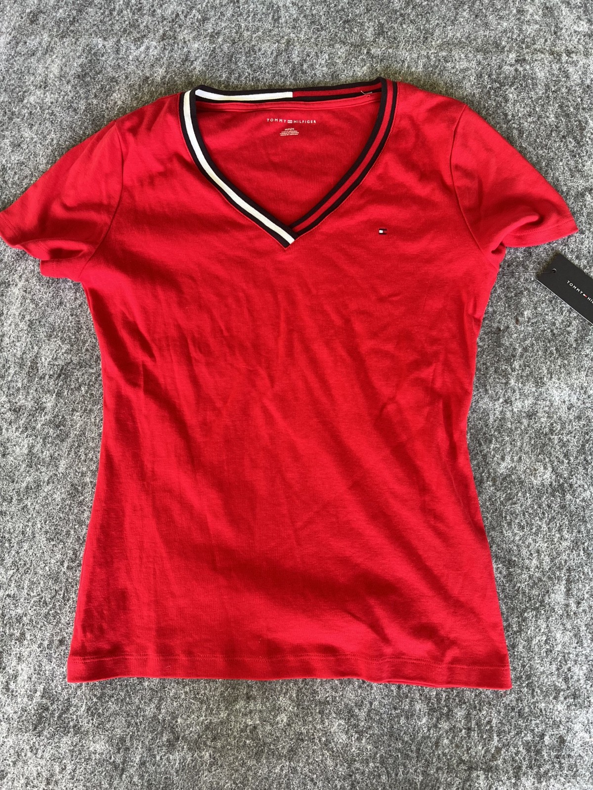 Tommy Hilfiger Size M Striped V Neck Stretch Top Short Sleeve Shirt