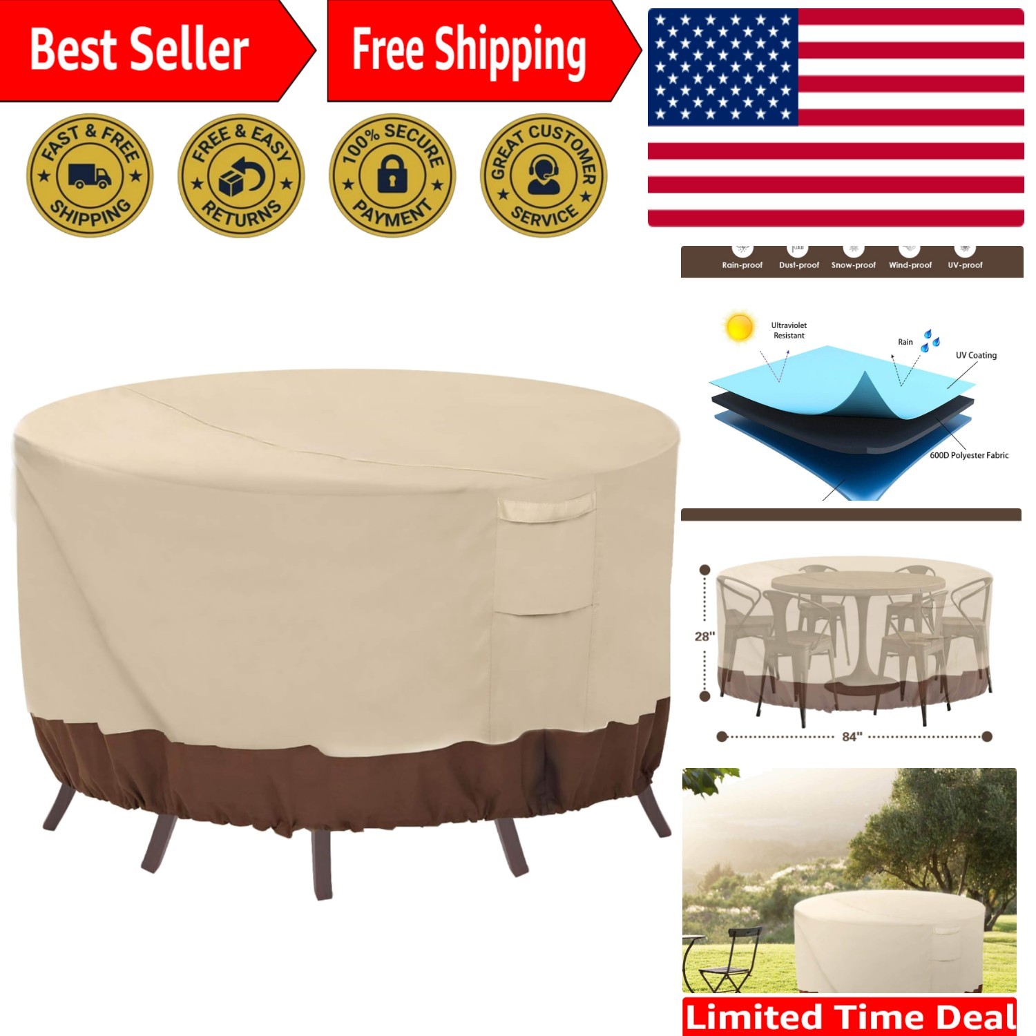 Durable 84" Round Patio Furniture Cover - Waterproof, Adjust