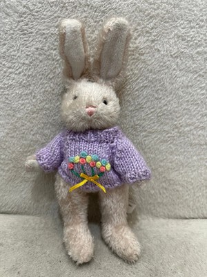 2001 Vintage Hugfun beige Hase Kaninchen mit lila Pullover verbunden Stofftier Plüsch
