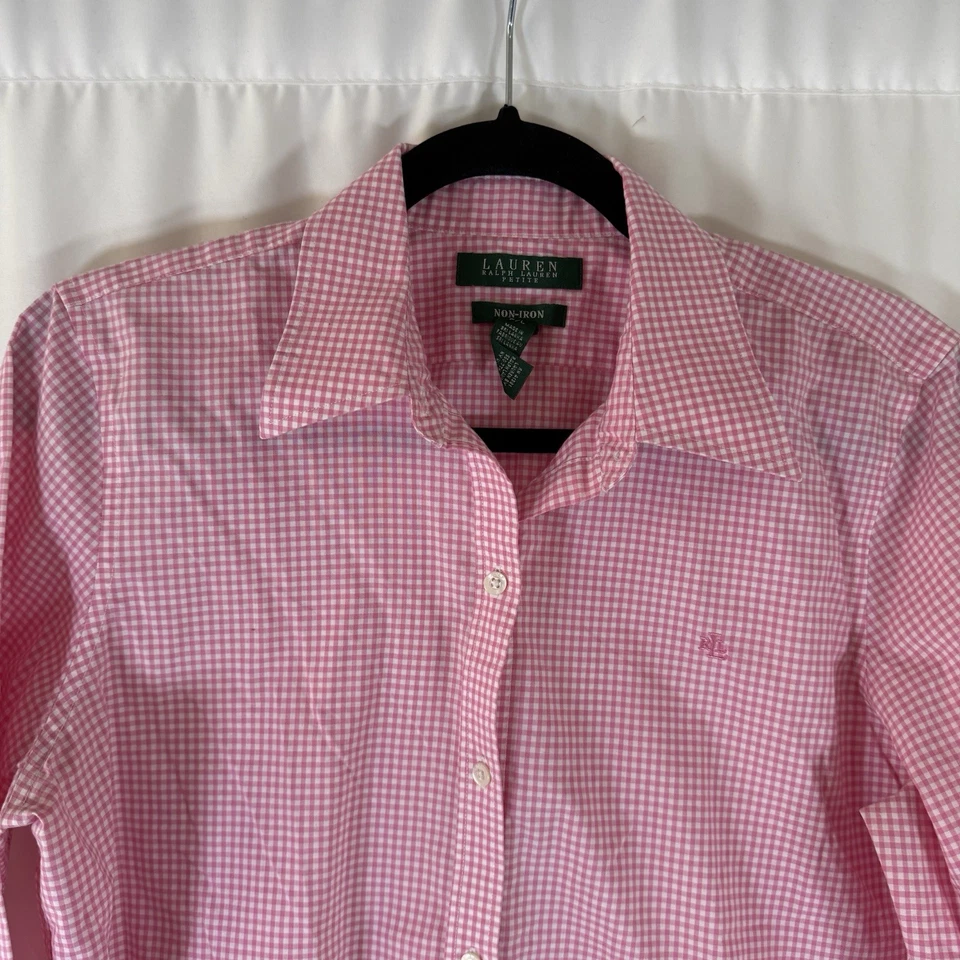 Lauren Ralph Lauren Dress Shirt Women's Petite Large Pink Plaid Button Up 3/4 Sl - Image 2 of 4