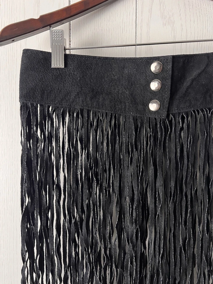Falda Cinturón Vintage Negra Gamuza Flecos Boho Motociclista Occidental Talla M Vaquera a Presión Foto 2 de 4
