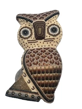 Mexican Huichol Owl Figurine Chaquira Beaded Wood Native Folk Art ~ Signed 6.25"