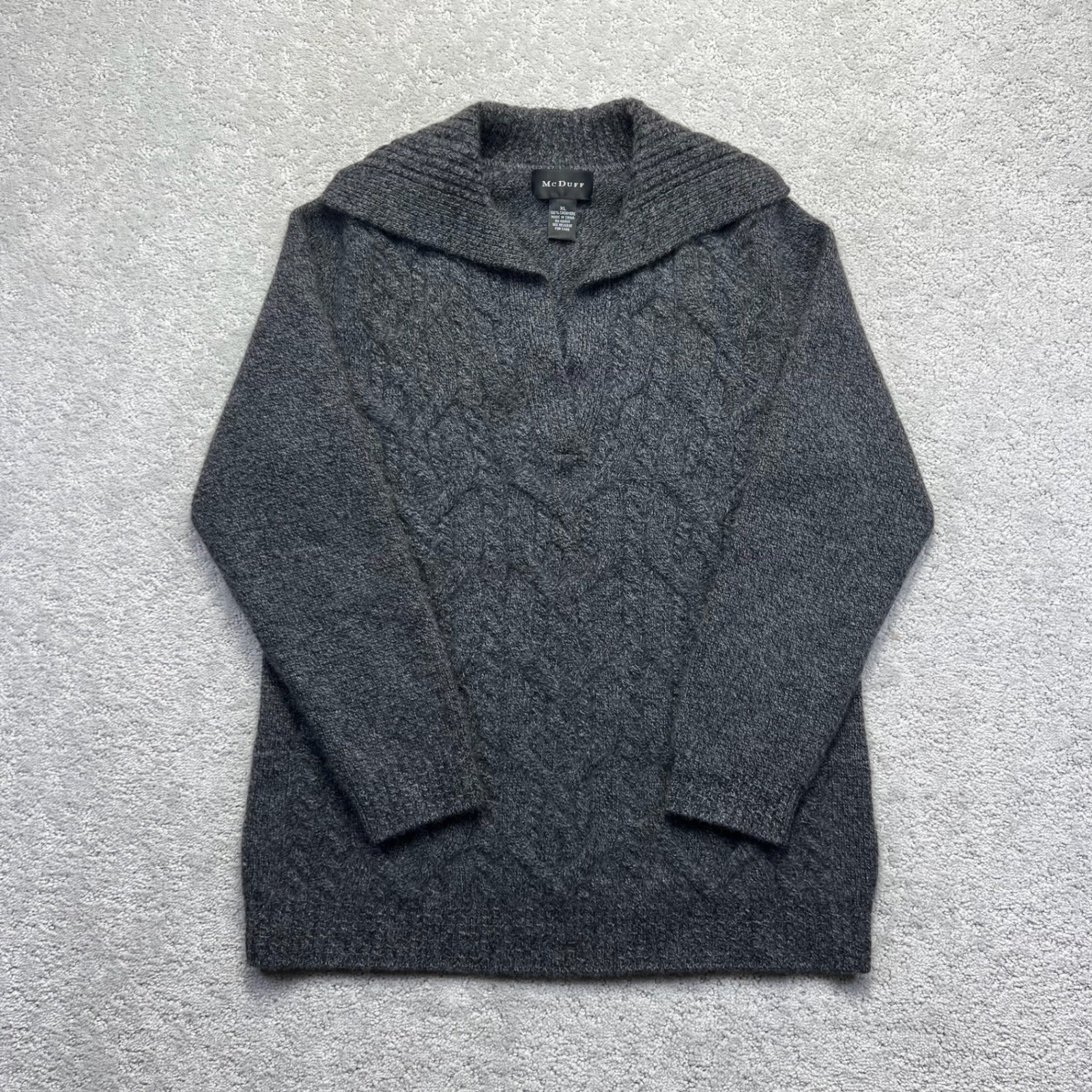 McDuff Sweater Womens XL Gray 100% Cashmere Cable Knit V-Neck Shawl Collar