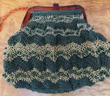 Vintage Purse With Bakelite Bottom And Top Brown Woven With Chain Handle Green
