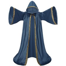Velvet Wizard Robe Cloak with Hood Men Women Sorcerer Renaissance Blue 67"/170CM