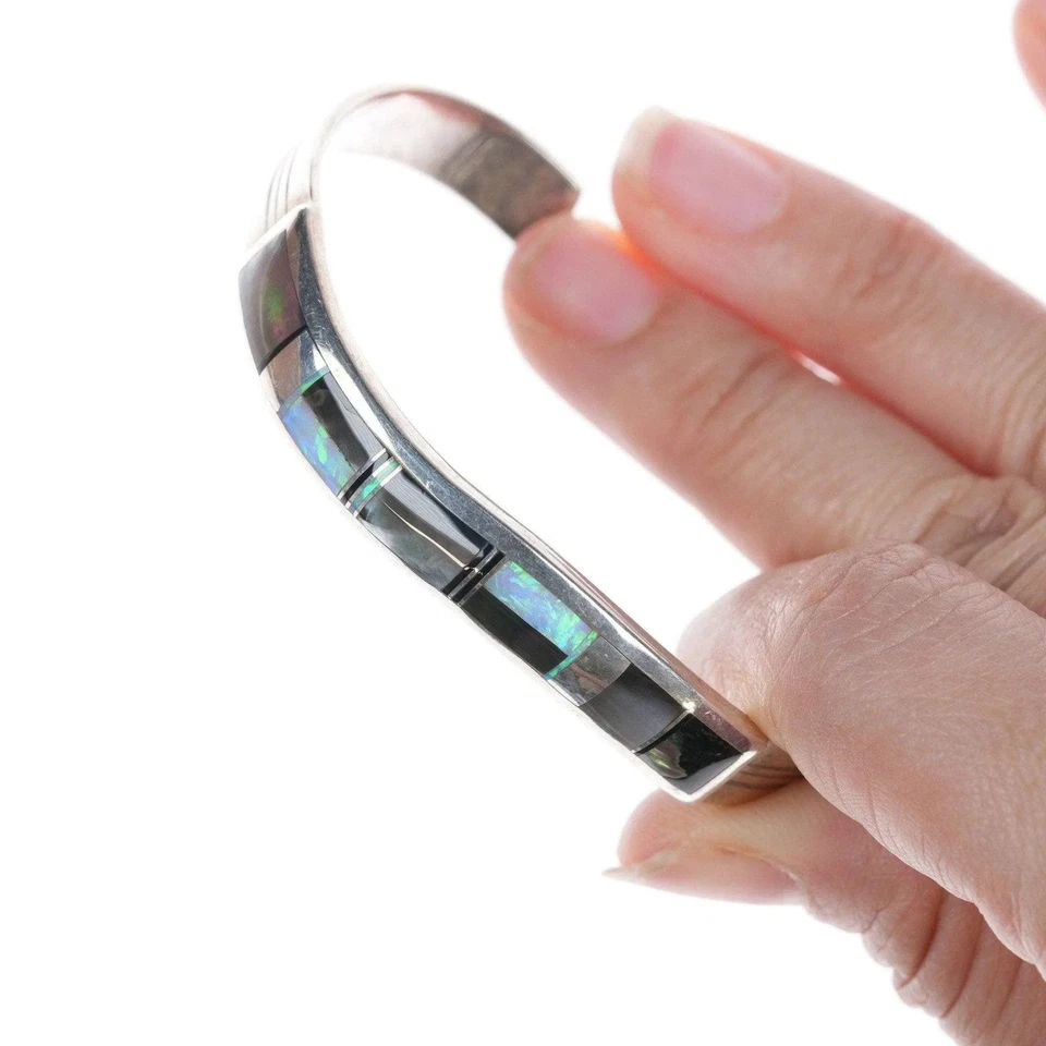 6.5" James Lee Navajo Sterling silver, opal, shell cuff bracelet - Image 2 of 4