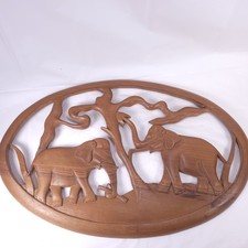 Vintage Indian Folk Art Oval-Shaped Wood Plaques Elephants Hand Carved