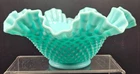 Vintage Fenton Turquoise Blue Milk Glass Hobnail Ruffled Bowl - 10" X 4.25"