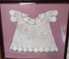 Vintage Handmade Crochet Thread Newborn Gown Cream Ivory Framed 1945