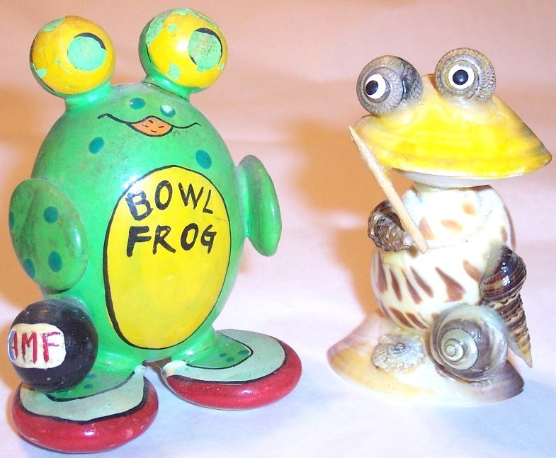 Lot of 2 Frog Figurines, Bowling Rock Frog & Shell Frog