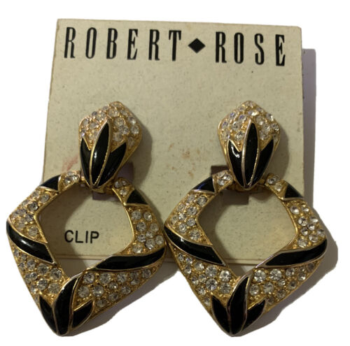 Vintage Signed Robert Rose Black Gold Rhinestone Dangle Earrings Clip New