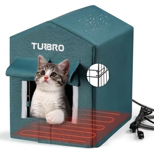 Heated Cat House Outdoor, Insulated and Weatherproof Blue Heated Cat