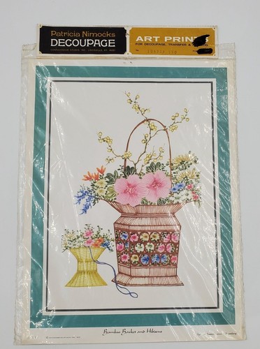 Vintage Patricia Nimocks Decoupage Art Print Bamboo Basket & Hibiscus