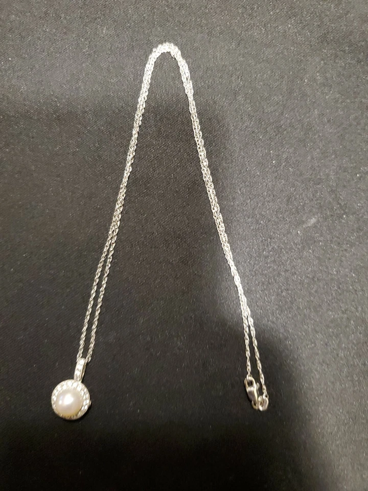 Пресноводный культивированный жемчуг, белый сапфир, белое золото 14 карат, цепочка из чистого серебра - Изображение 3 из 3