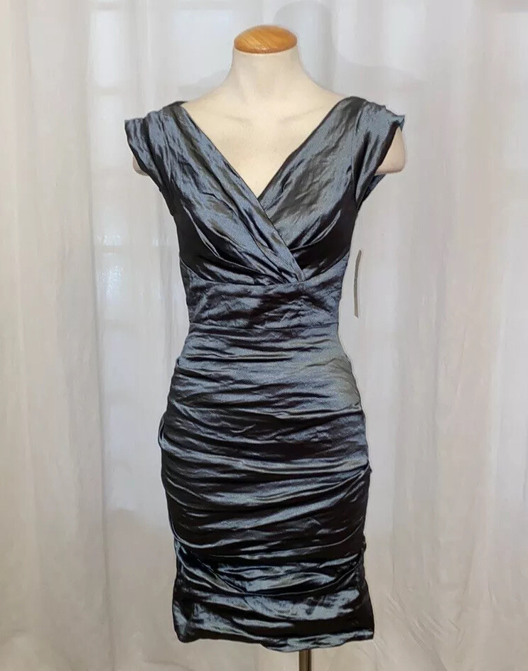 NICOLE MILLER TECHNO METALLIC COCKTAIL DRESS BT0659 SZ 2 SAMPLE SLATE