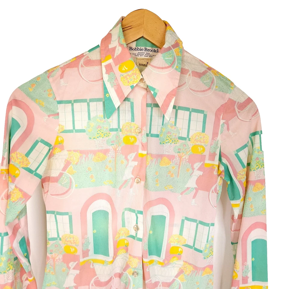 Camisa De Colección Años 70 Bobbie Brooks Mujer Botón Delantero 5 Rosa Manga Larga Hecha en Unión Foto 4 de 4