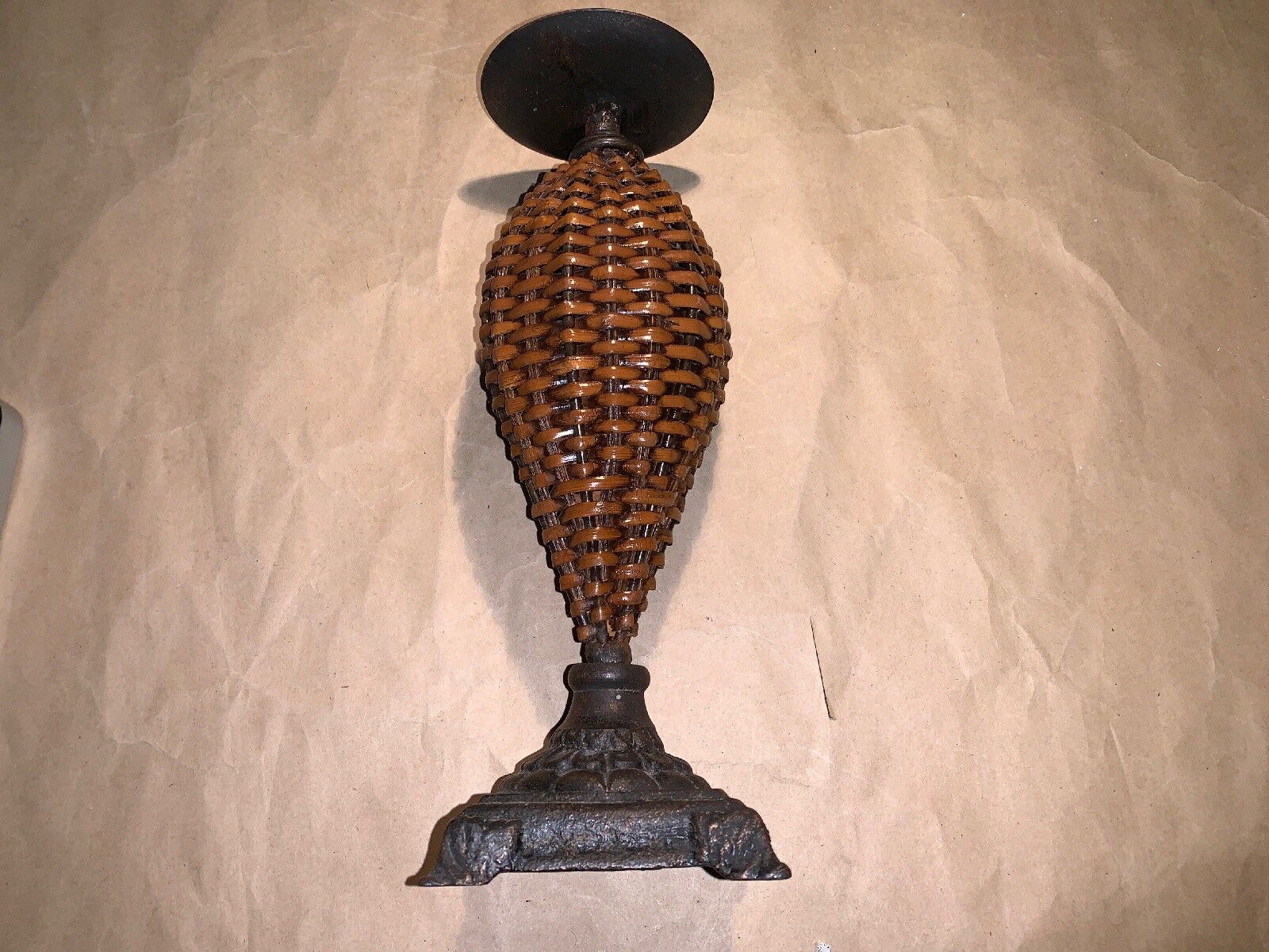 Metal Base With Wicker Woven Design Candle Holder 12”