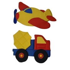 Vintage 1985 Wooltex Mimi Miller Plush Nursery Wall Art Airplane Dump Truck 